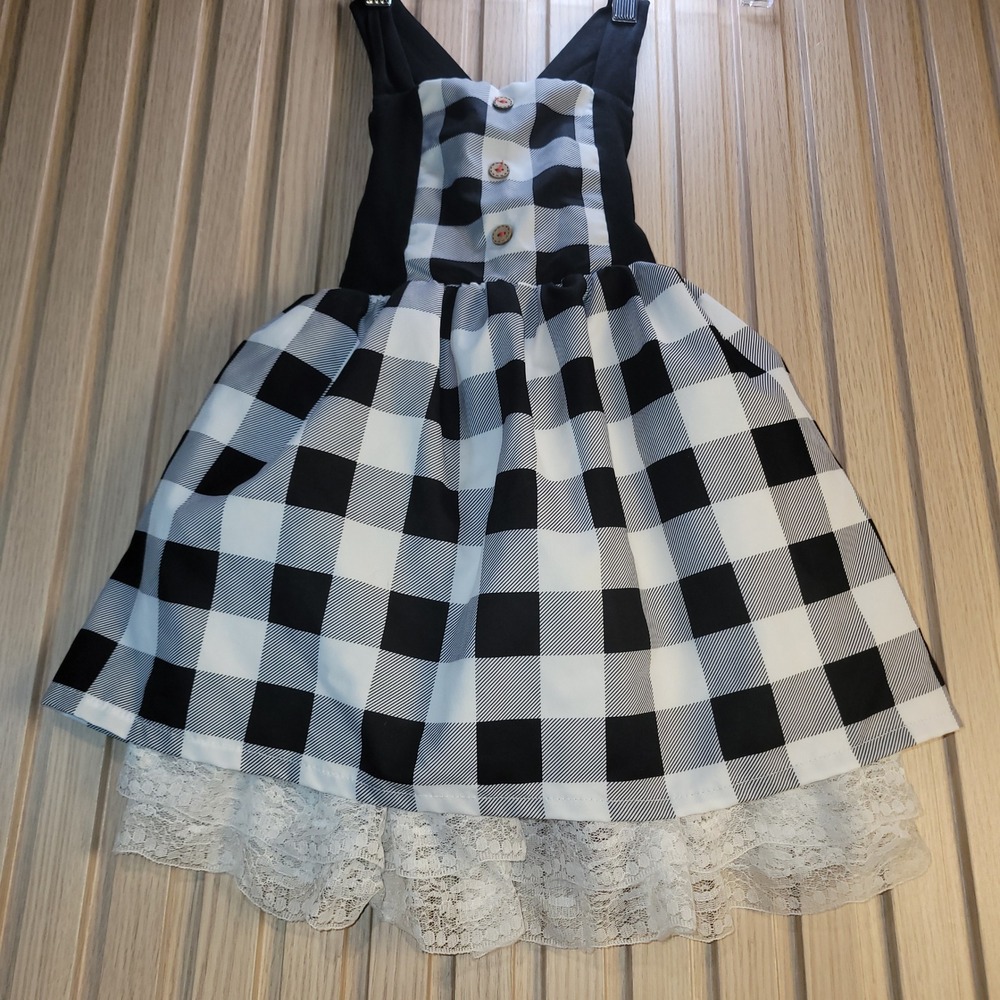 Girls Buffalo Plaid Lace Trim Pinafore Dress Black White Checkered Red Sash